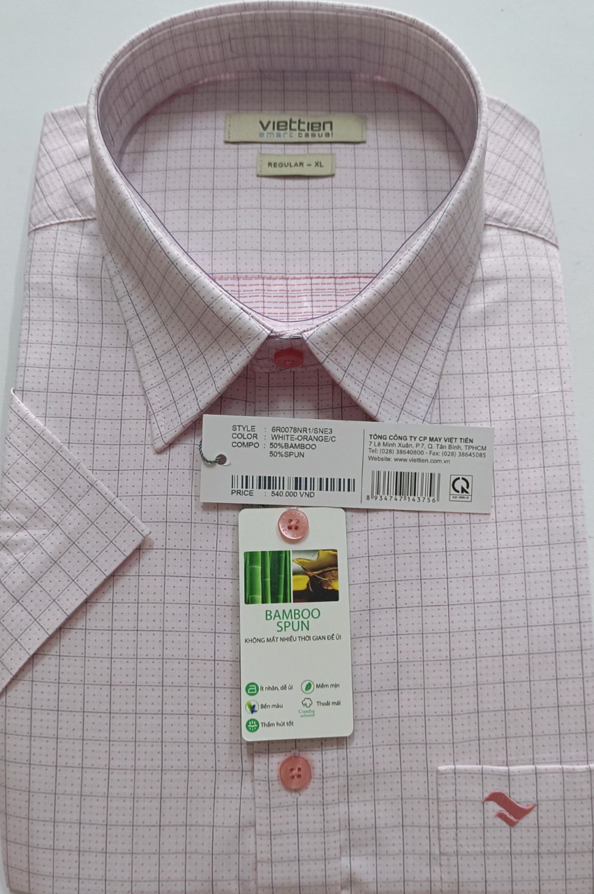 Viettien Áo sơ mi nam Việt Tiến Smart Casual ngắn tay vạt ngang- xẻ sườn Mã 6R0078NR1/SNE3 sợi tre