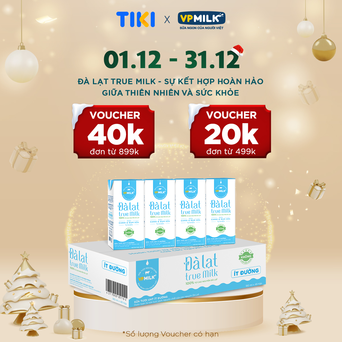 Sữa tươi UHT Đà Lạt True Milk Ít Đường 180ml (Thùng 48 hộp)