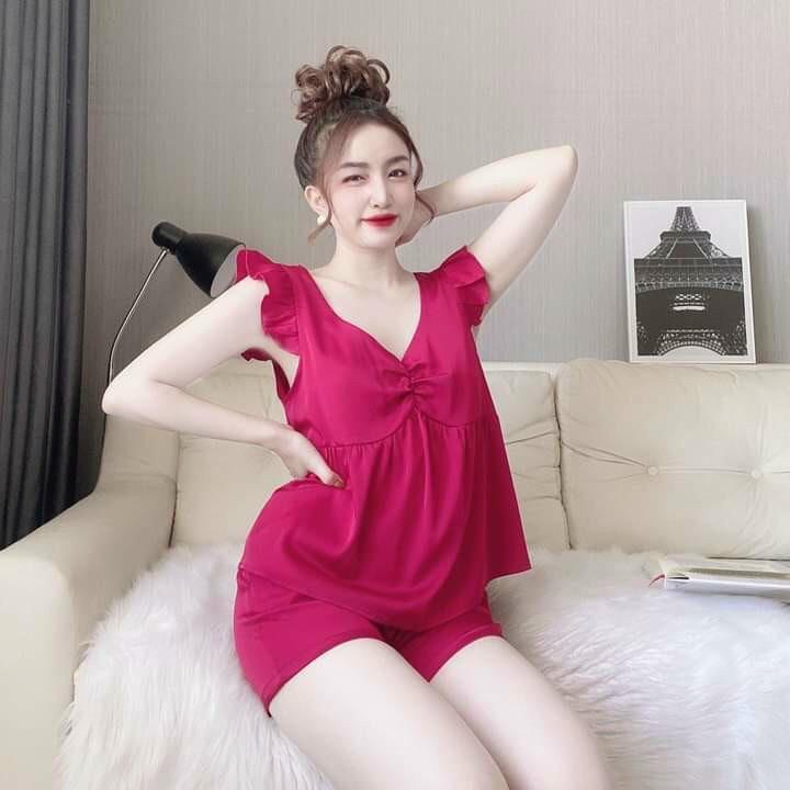 DỄ THƯƠNGSet đồ ngủ nhún nơ tay cánh tiên quần đùi đồ bộ lụa satin cao cấp mặc nhà freesize 58kg