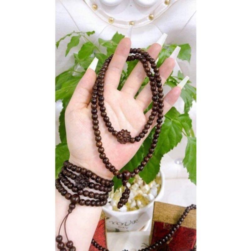 Vòng tay nữ 6 ly chuỗi tràng hạt 108 gỗ vân mun đuôi công mix charm hoa sen
