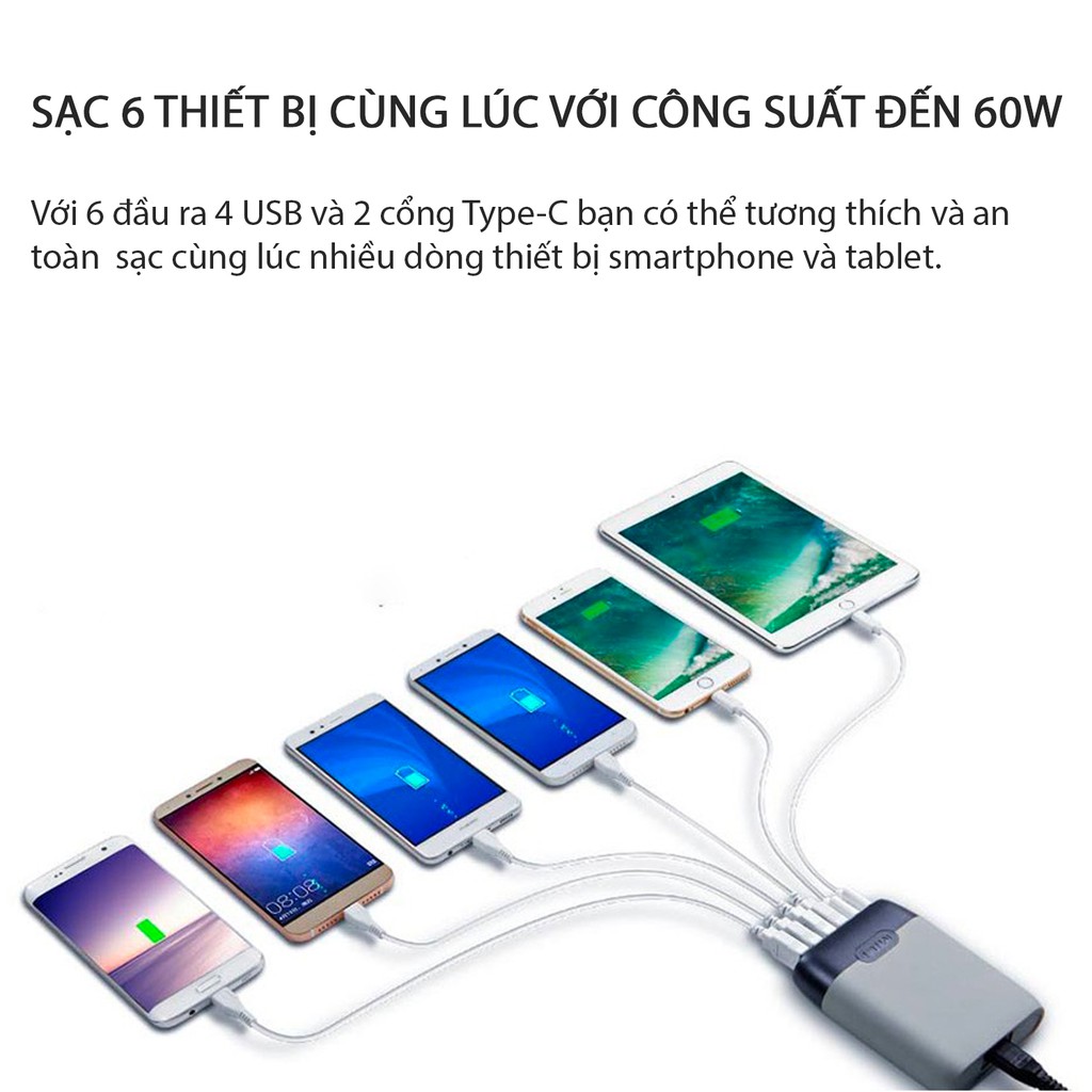 Adapter Sạc 6 Cổng Công Suất 60W MiLi Charger Station III Hỗ Trợ Sạc Nhanh Power Delivery HC-60-C - Hàng Chính Hãng