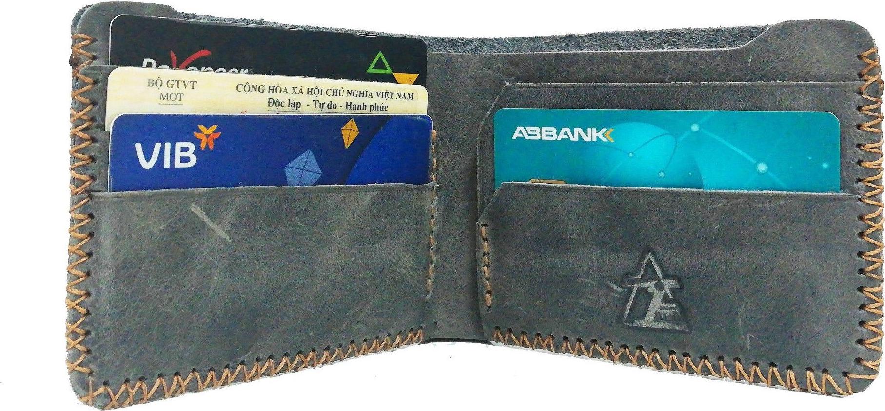 VÍ THỦ CÔNG DA BÒ THẬT 100%- MÀU XANH JEANS DÁNG NGANG