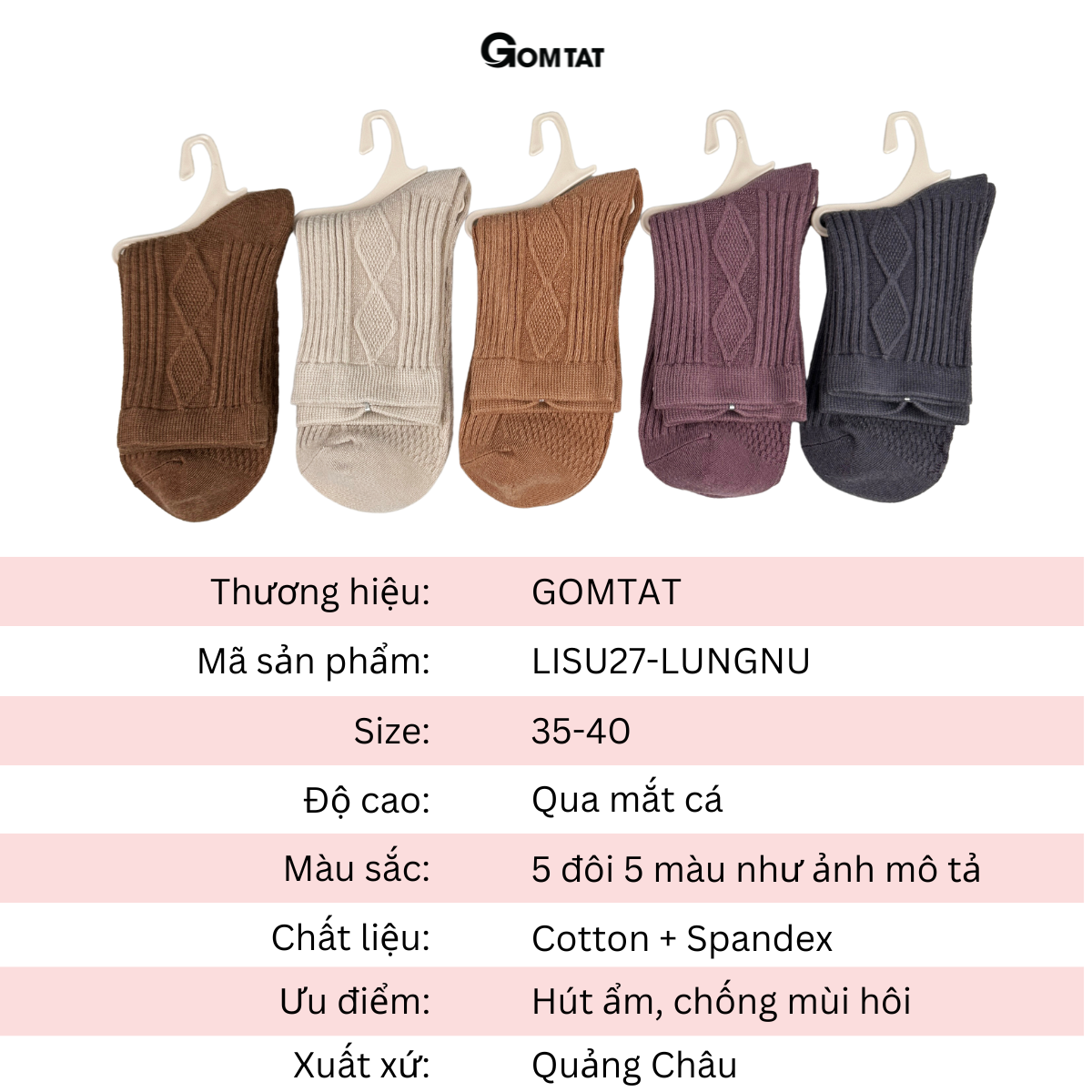 Set 5 đôi tất nữ cổ lửng họa tiết gân chìm, vớ nữ cổ trung chất liệu cotton cao cấp, êm mềm thoáng khí - LISU27-LUNGNU