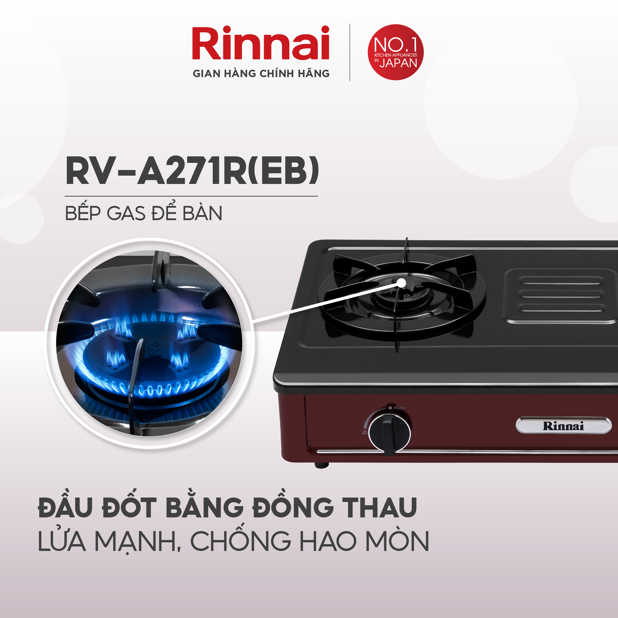 Bếp gas dương Rinnai RV-A271R(EB) mặt bếp men và kiềng bếp men - Hàng chính hãng.