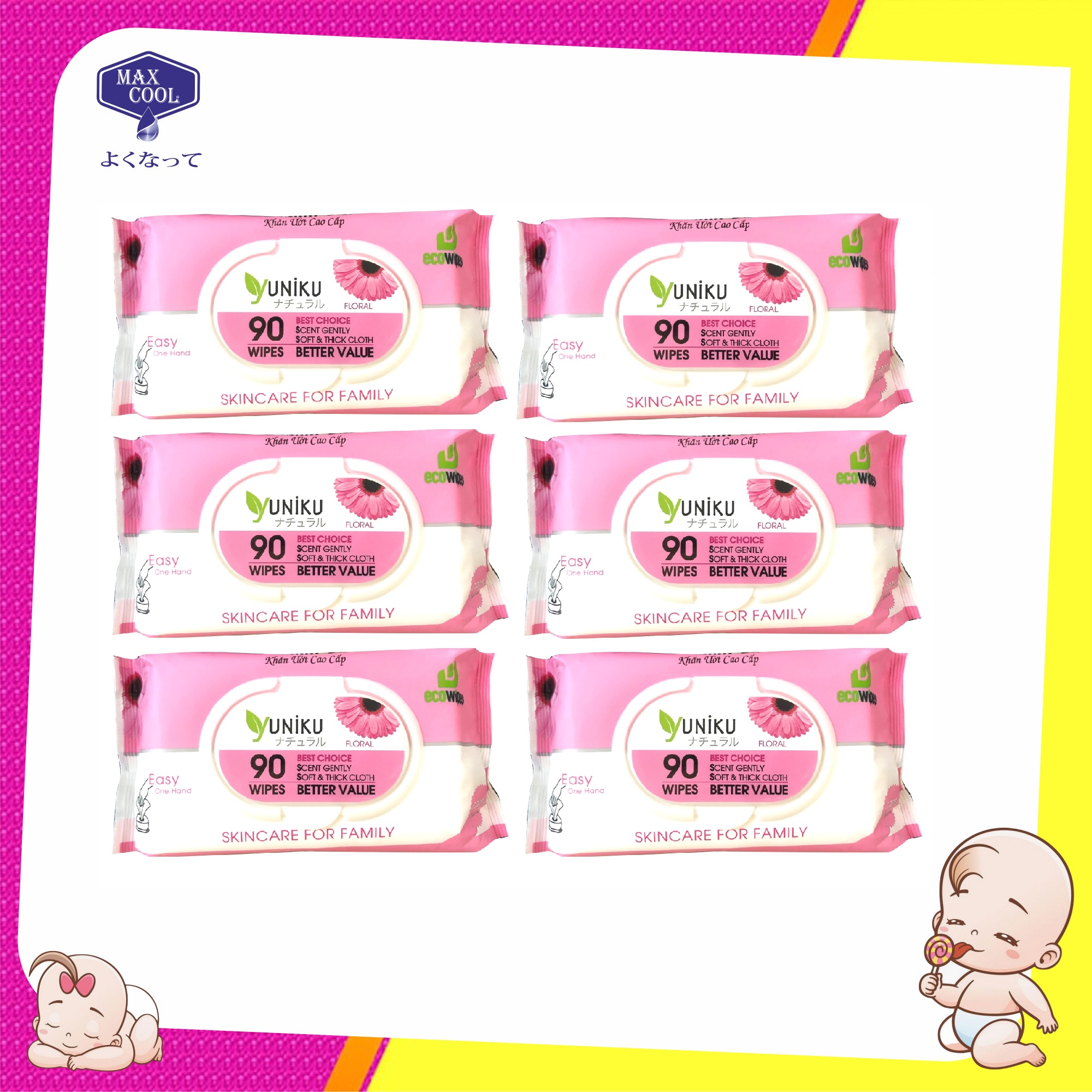 Combo 6 Gói Khăn Ướt Yuniku 90 Tờ Hương Phấn