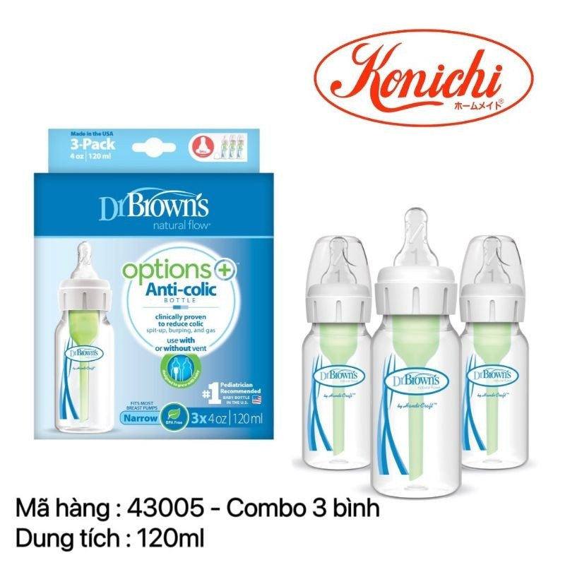 Combo 3 Bình sữa Dr.Brown's cổ thường tùy chọn 120ml nhựa PP