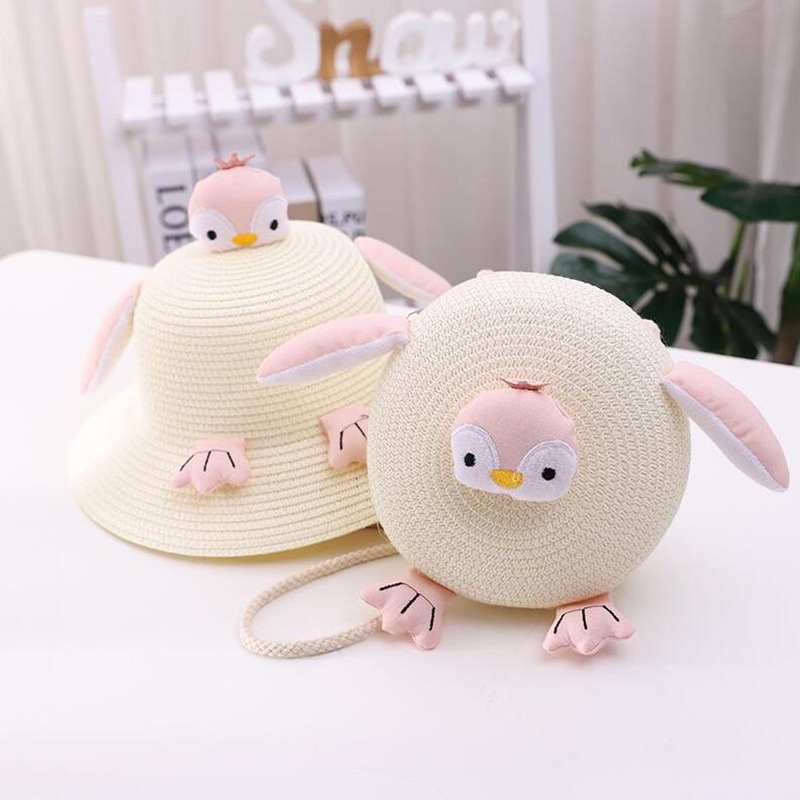 Túi cói bé gái phiên bản Hàn Quốc Túi rơm mùa hè bé gái chim cánh cụt túi hoạt hình (tặng kèm 01 chiếc kẹp tóc đẹp)