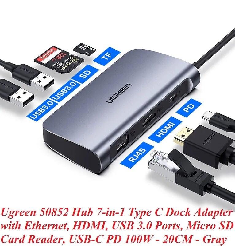 Ugreen UG50852CM212TK 20CM màu xám Hub type c 7 trong 1 docking Ethernet + 4K HDMI + 2 x USB 3.0 + đọc thẻ Micro SD + 100W sạc PD - HÀNG CHÍNH HÃNG