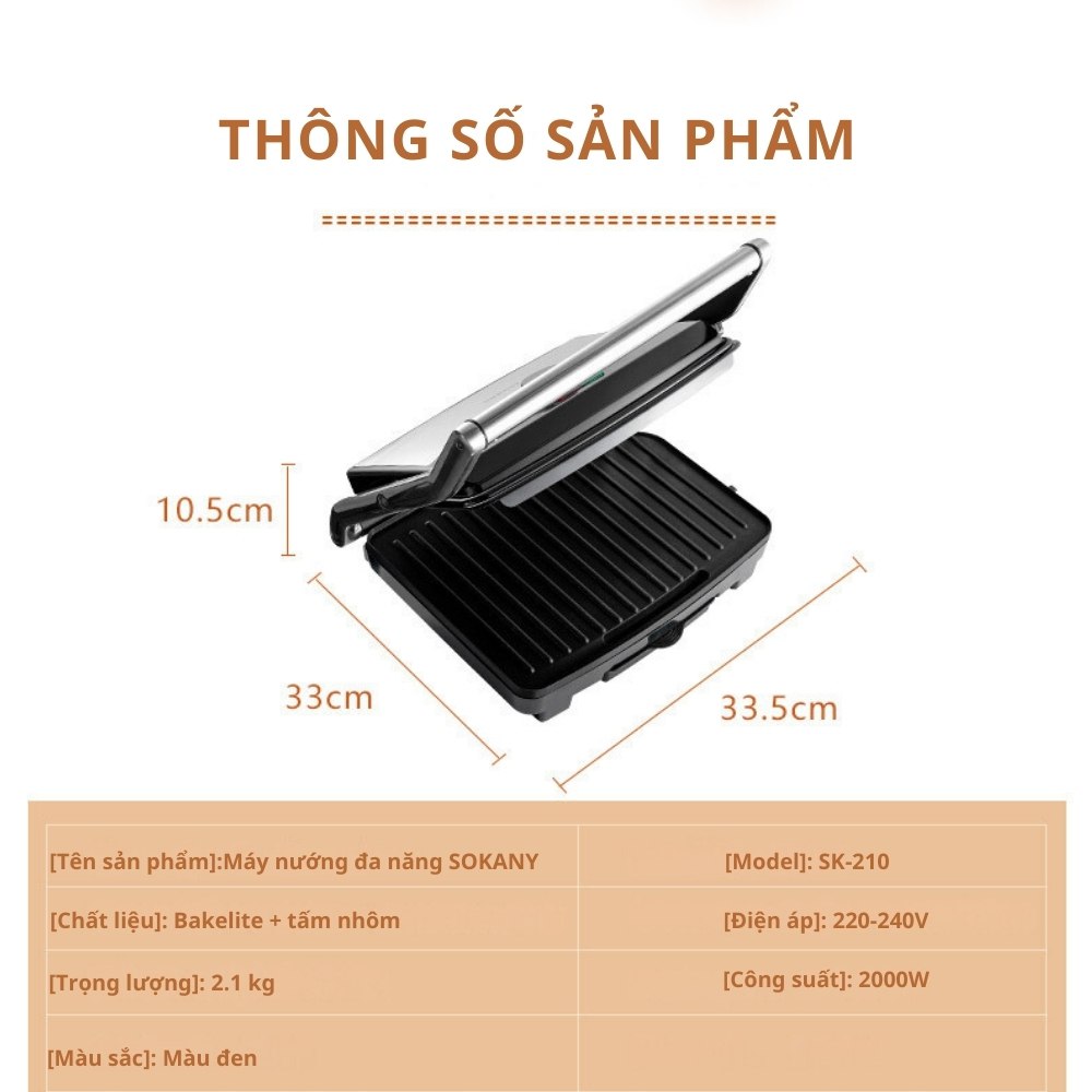 Máy kẹp nướng bánh mì ép bánh sandwich SOKANY SK-210 rán trứng, nướng thịt CHỐNG DÍNH đa năng - HÀNG CHÍNH HÃNG - DELIYA
