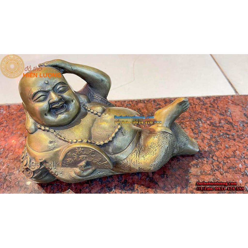 Tượng Di Lặc Nằm Cầm Quạt Bằng Đồng Màu Giả Cổ