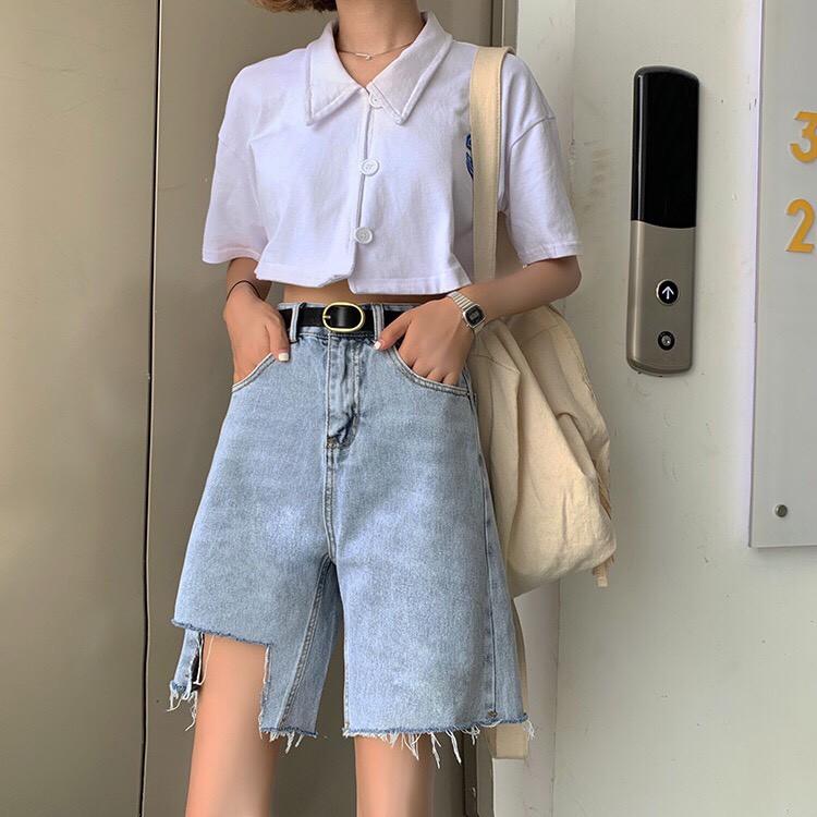 Quần Short Jean Cạp Cao Rách Gấu Phong Cách Ulzzang_C18