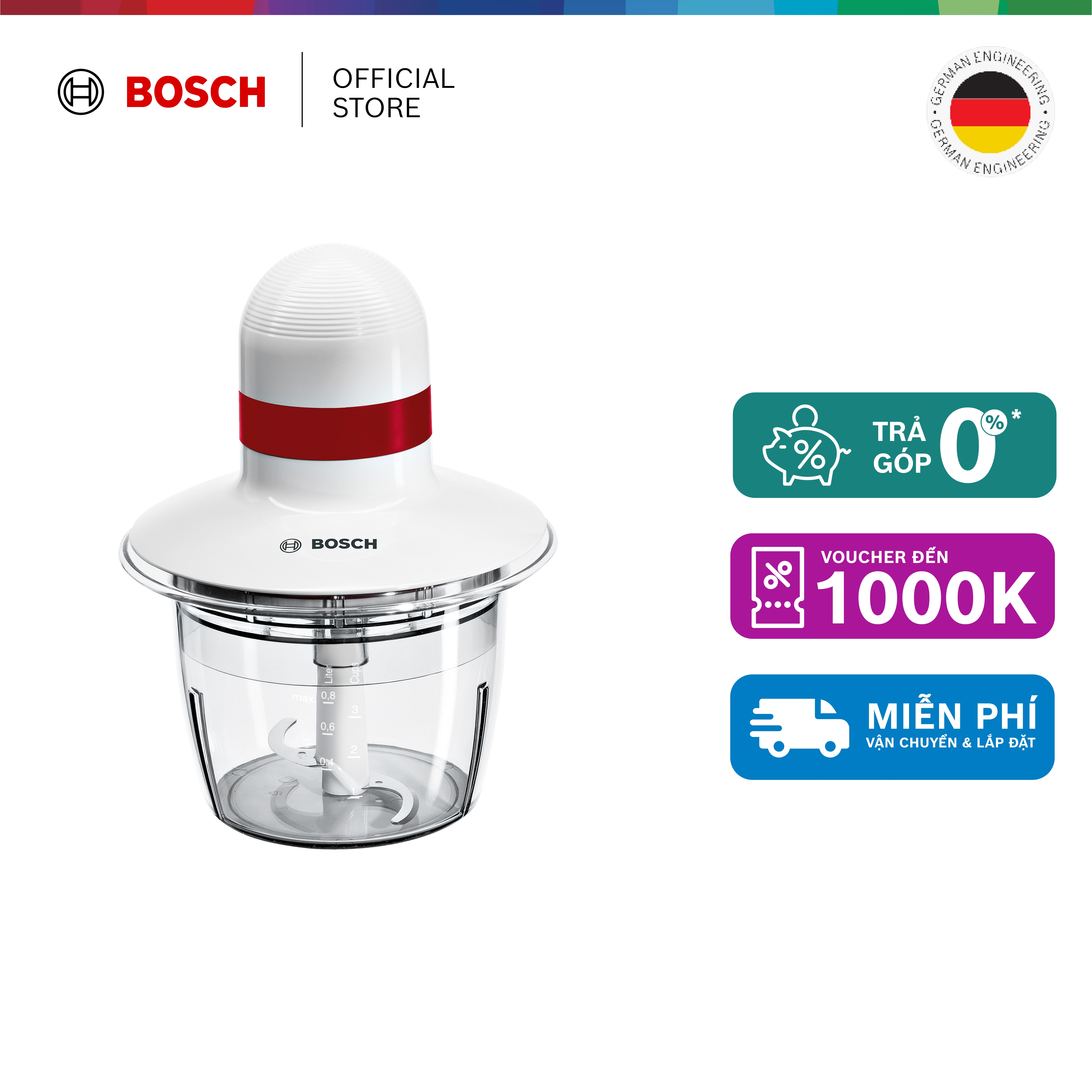 Máy xay thịt Bosch MMRP1000 400W 800ml (trắng đỏ) - Hàng chính hãng