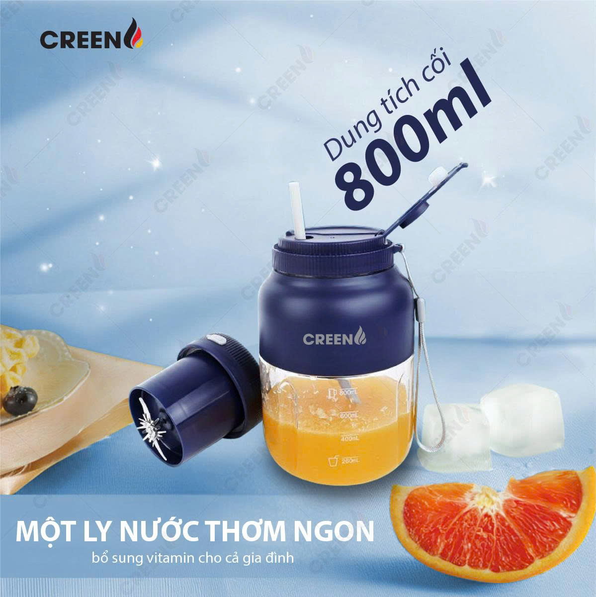 Máy Xay Sinh Tố Cầm Tay CREEN CR-BL800, Dung tích 800ml 80W, Pin Lithium 3000mAh, Lưỡi Kép 38 Cánh - Hàng Chính Hãng