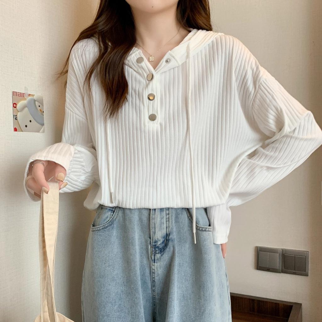 Áo Hoodie Nữ Mỏng Vải Nhung Thun Dài Tay Cúc Bấm