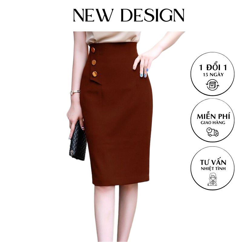 Chân Váy Nữ Công Sở New Design Thiết Kế Dáng Váy Midi, Dài 60cm ,Phối Nút, Phom Chuẩn Tôn Dáng Sang Trọng Vải Tốt co Giãn, Màu Đen CV0016