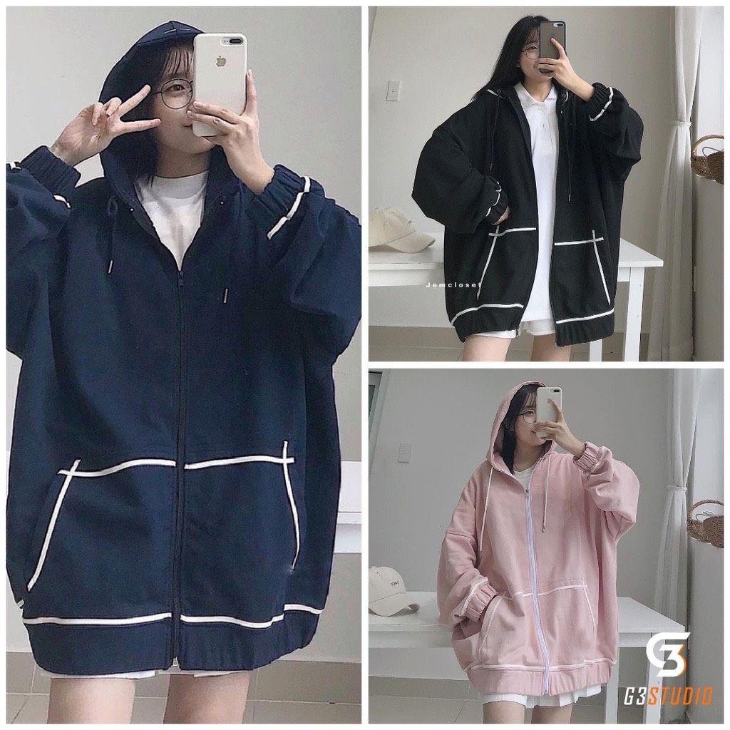 Áo Khoác Nữ Form Rộng Mặc Thoải Mái, Áo Hoodie Zipper Kẻ Viền Túi Nữ Knn15