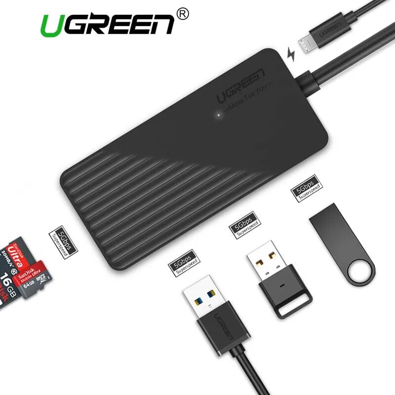 Ugreen UG30413CR132TK 1M màu Đen Bộ chia HUB USB 3.0 sang 3 USB 3.0 + đọc thẻ SD TF hỗ trợ nguồn MICRO USB - HÀNG CHÍNH HÃNG