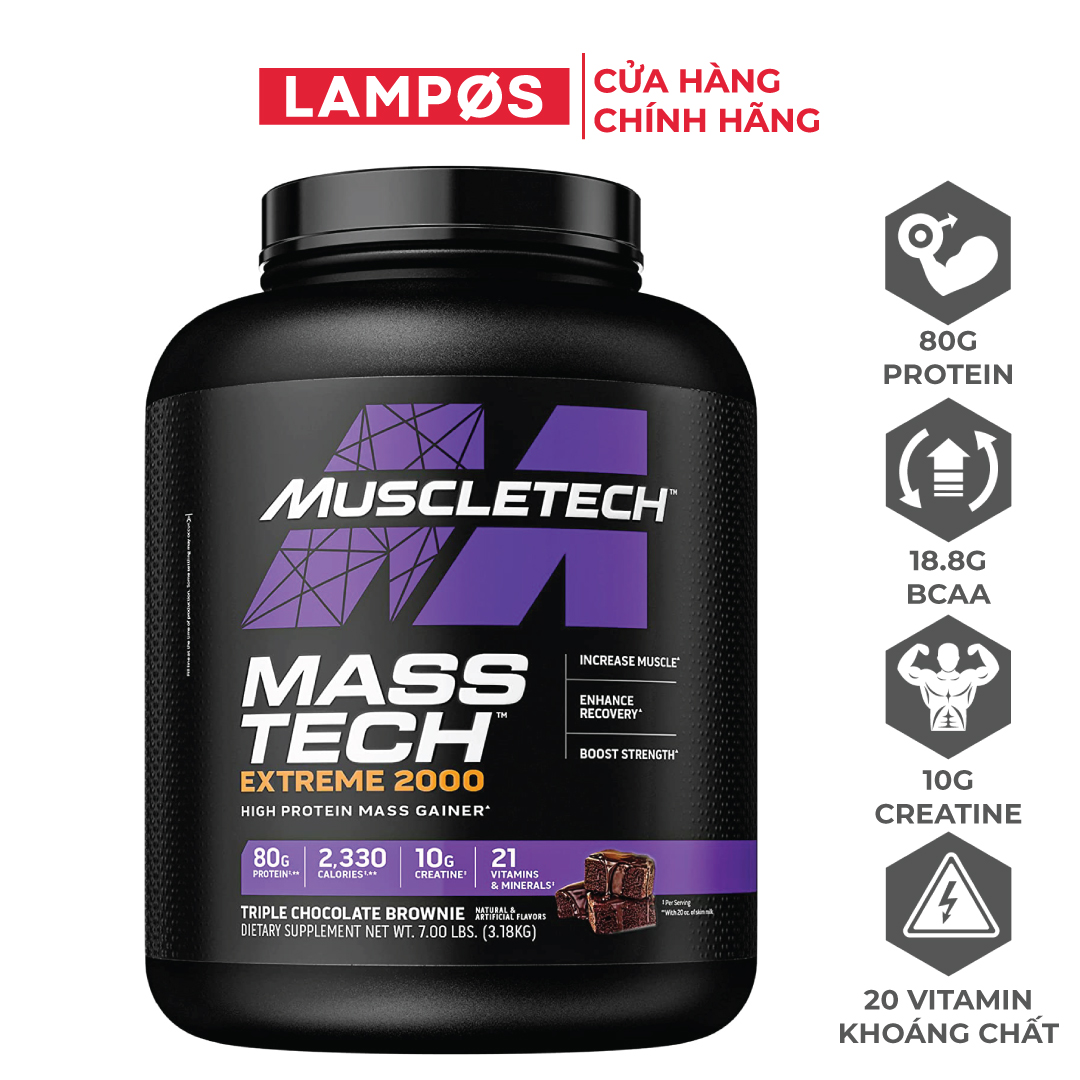 MuscleTech | Mass Tech Extreme 2000 (3.2Kg) | Sữa Tăng Cân Cho Nam Nữ | Bổ Sung Protein, Carb, BCAA, Creatine, 20 Vitamin Khoáng Chất