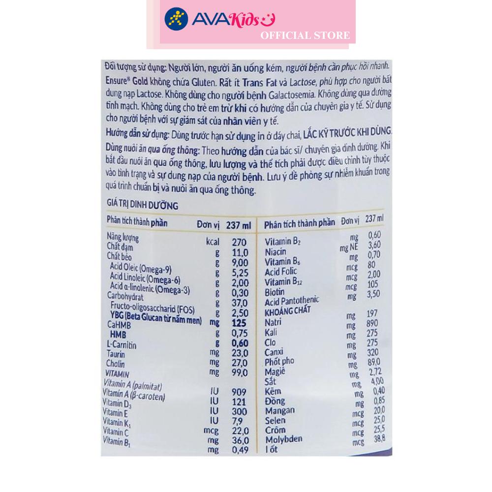 Lốc 6 chai sữa bột người lớn pha sẵn Ensure Gold hương vani 237 ml