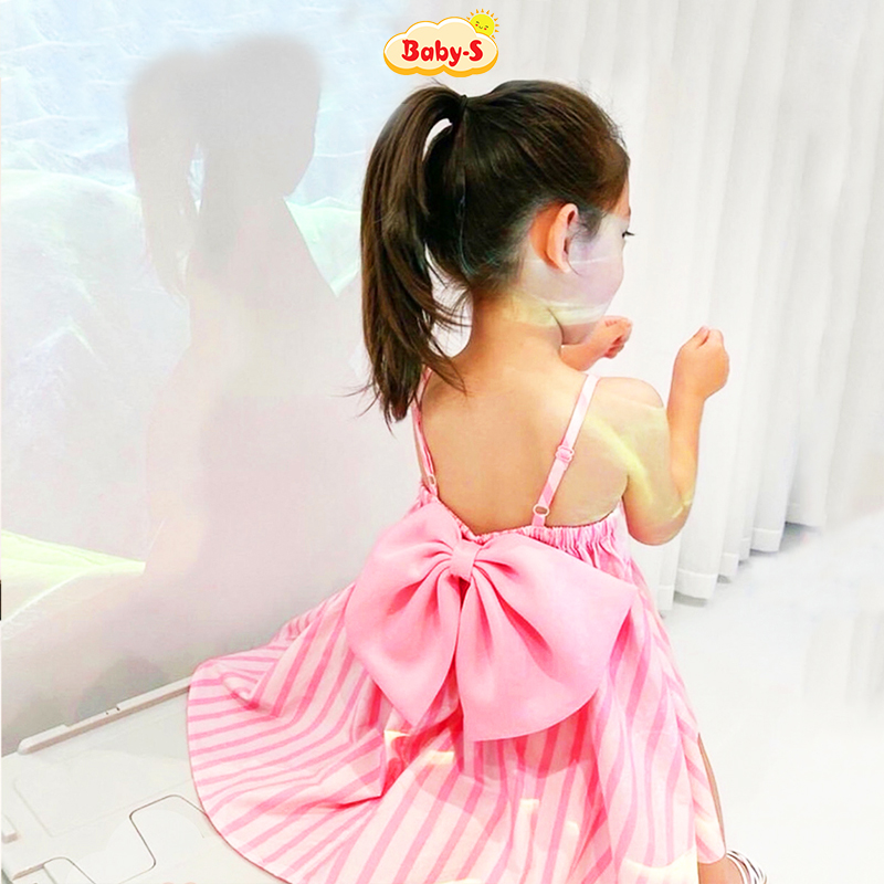 Đầm cho bé 8-24kg chất đũi mềm Baby-S, Váy 2 dây cho bé dáng xòe phối nơ mặt lưng xinh xắn – SD092