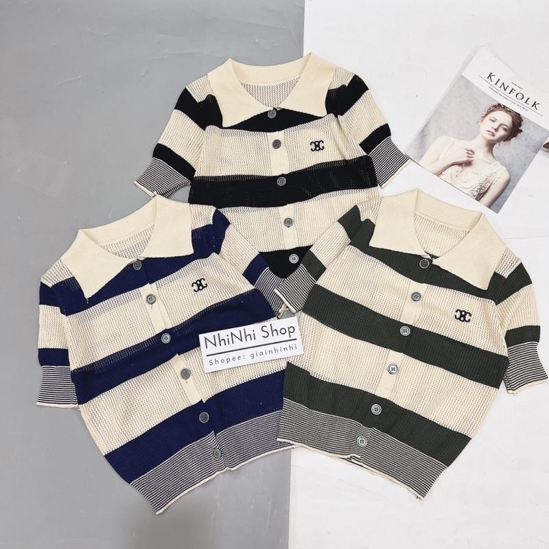 Áo len cổ bẻ kẻ ngang, Áo kiểu cài cúc bo chun ngắn tay co giãn AL9058 - NhiNhi Shop