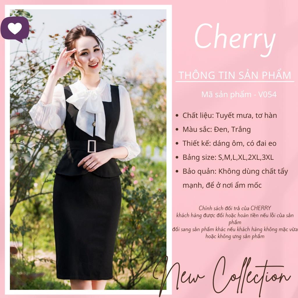 Váy công sở liền thân body thắt eo áo sơ mi cổ áo thắt nơ CHERRY A1382