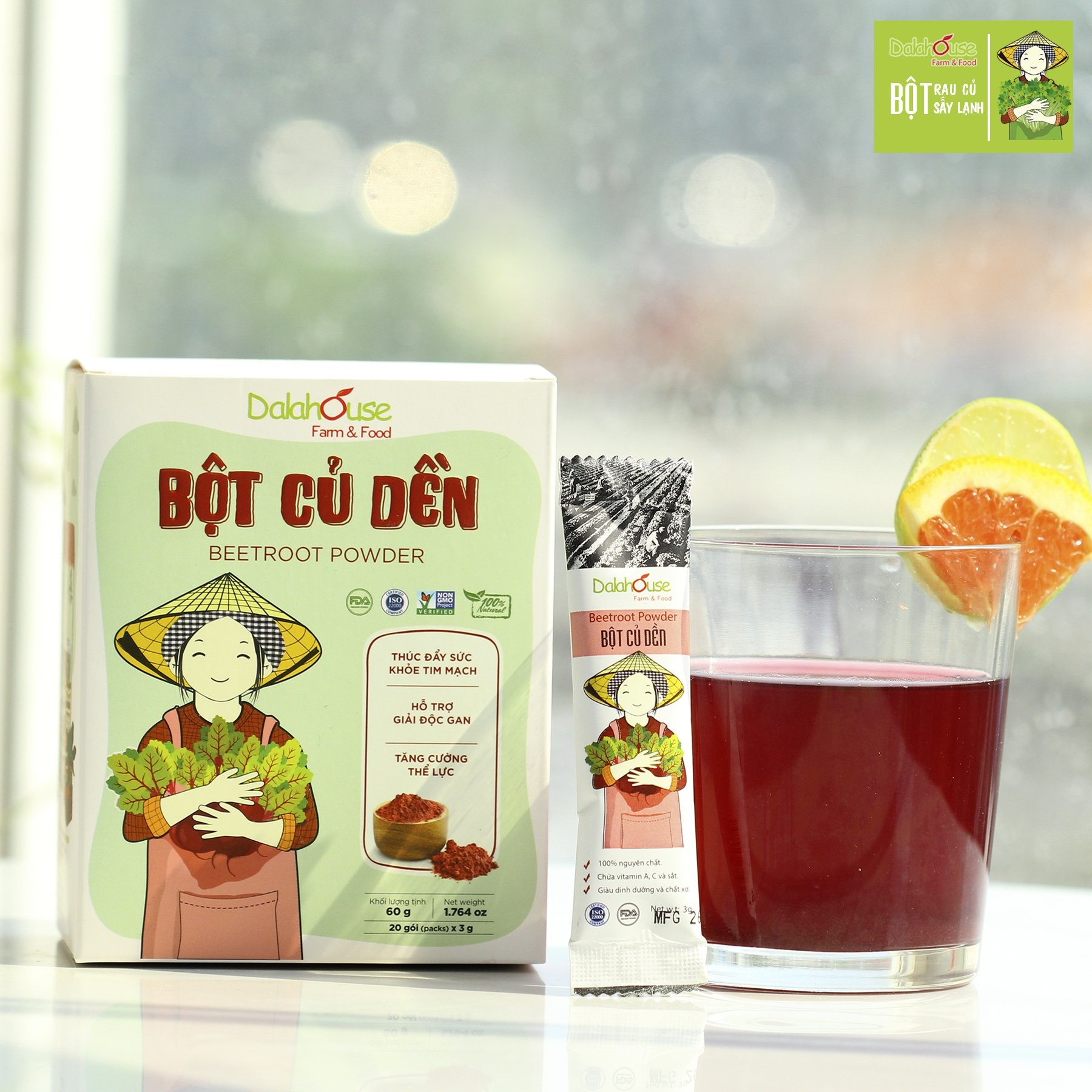 Bột Củ Dền Dalahouse (Hộp 20 gói x 3gr) – 1 Gói Tiện Lợi Dùng Cho 1 Lần Uống - Bột Rau Củ Nguyên Chất Sấy Lạnh 100% - Giúp Làm Đẹp Da, Thanh Lọc, Mát Gan