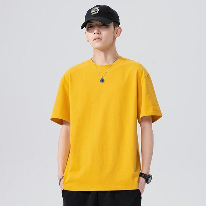 Áo Thun Nam Cổ Tròn Màu Cam Vải Cotton Co Giãn Trơn Basic Tay Ngắn Form Rộng