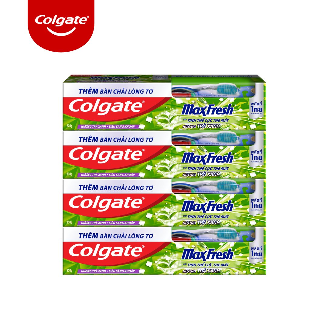 Bộ 4 Kem đánh răng Colgate Trà Xanh the mát Maxfresh 230g/tuýp tặng bàn chải đánh răng lông tơ cao cấp