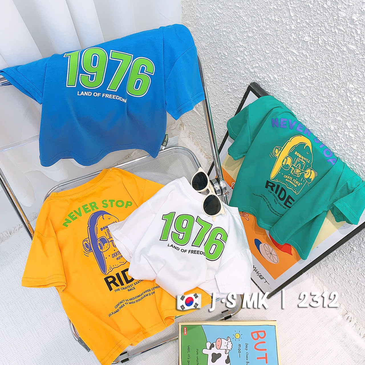 Áo cộc tay bé trai dáng rộng 2-7 tuổi in chữ và số 1976, Áo hè cho bé cao cấp vải cotton kiểu dáng thời trang