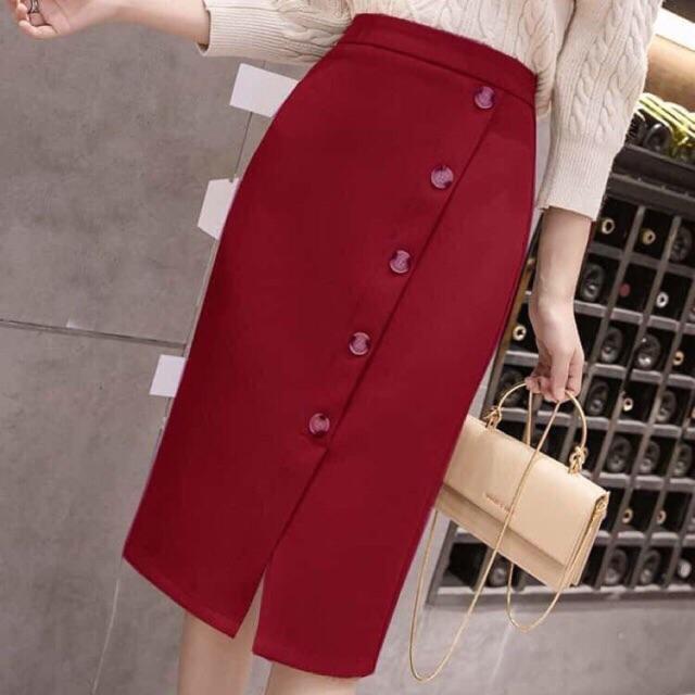 Châm váy bút chì dáng dài 60-65cm đính cúc sẻ trước V