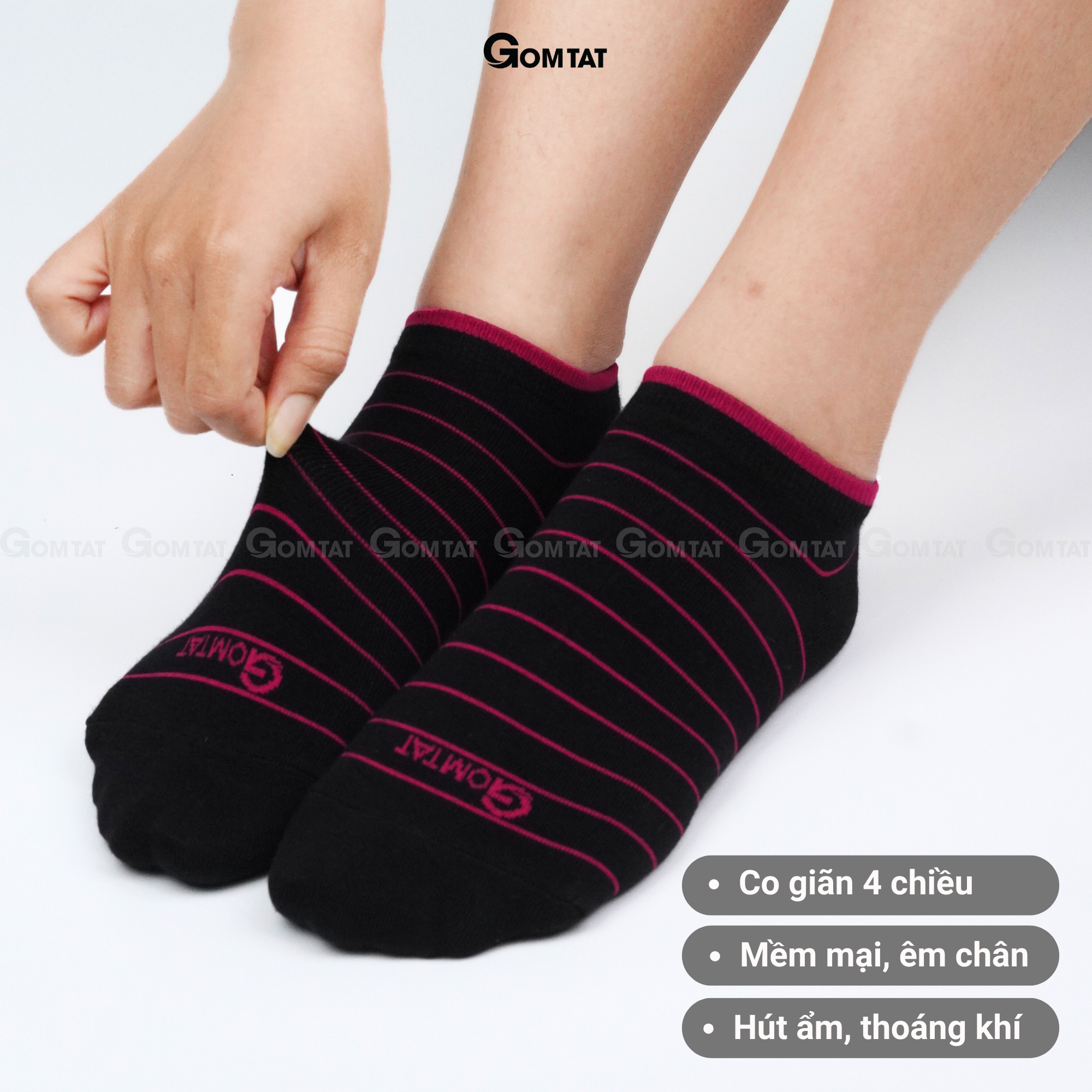 Tất Nữ cổ ngắn GOMTAT, Vớ Nữ họa tiết kẻ sọc với chất liệu cotton cao cấp - NUNGAN-VSTAR-501