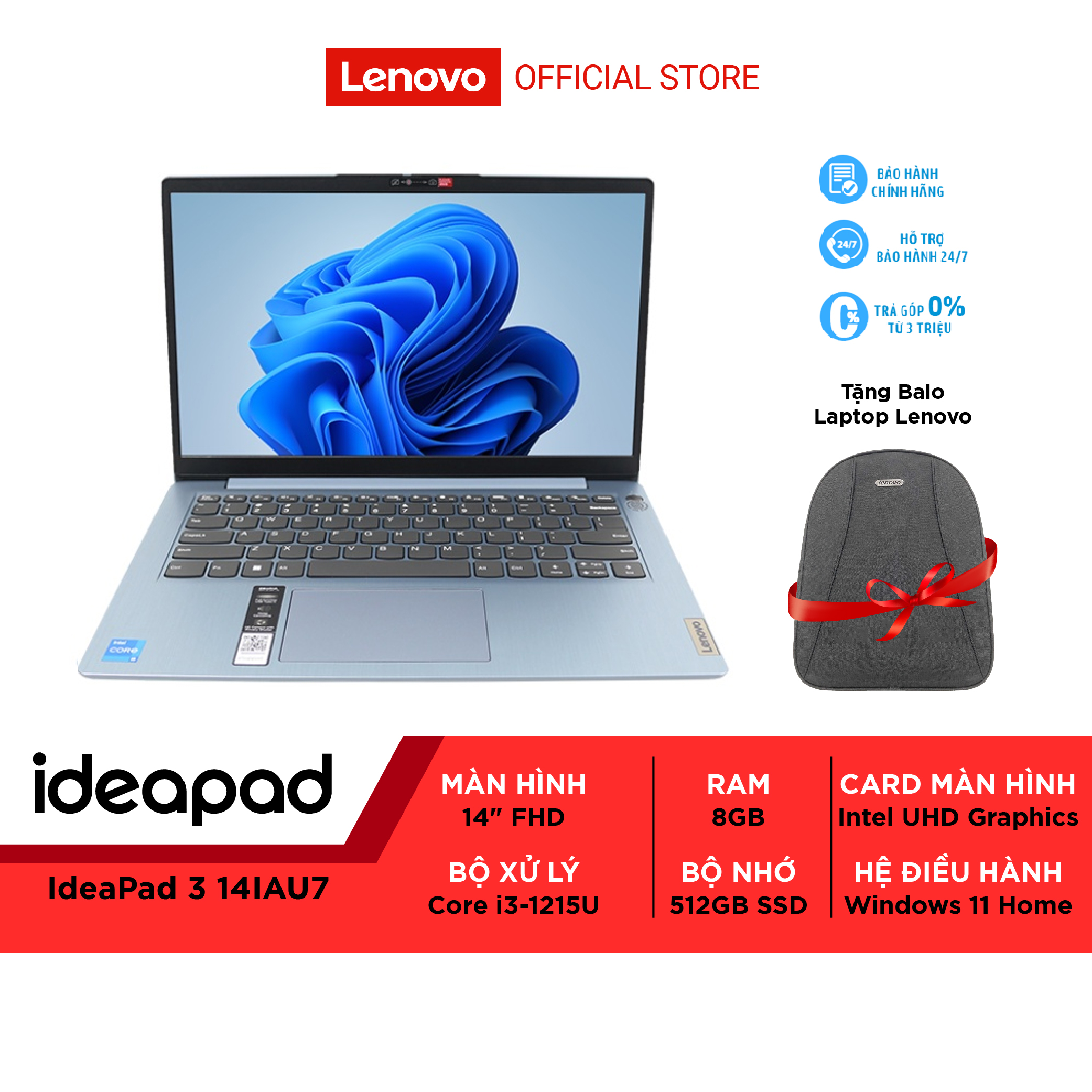 Laptop Lenovo IdeaPad 3 82RJ001AVN i3-1215U | 8GB | 512GB | Intel UHD | Win 11 - Hàng chính hãng