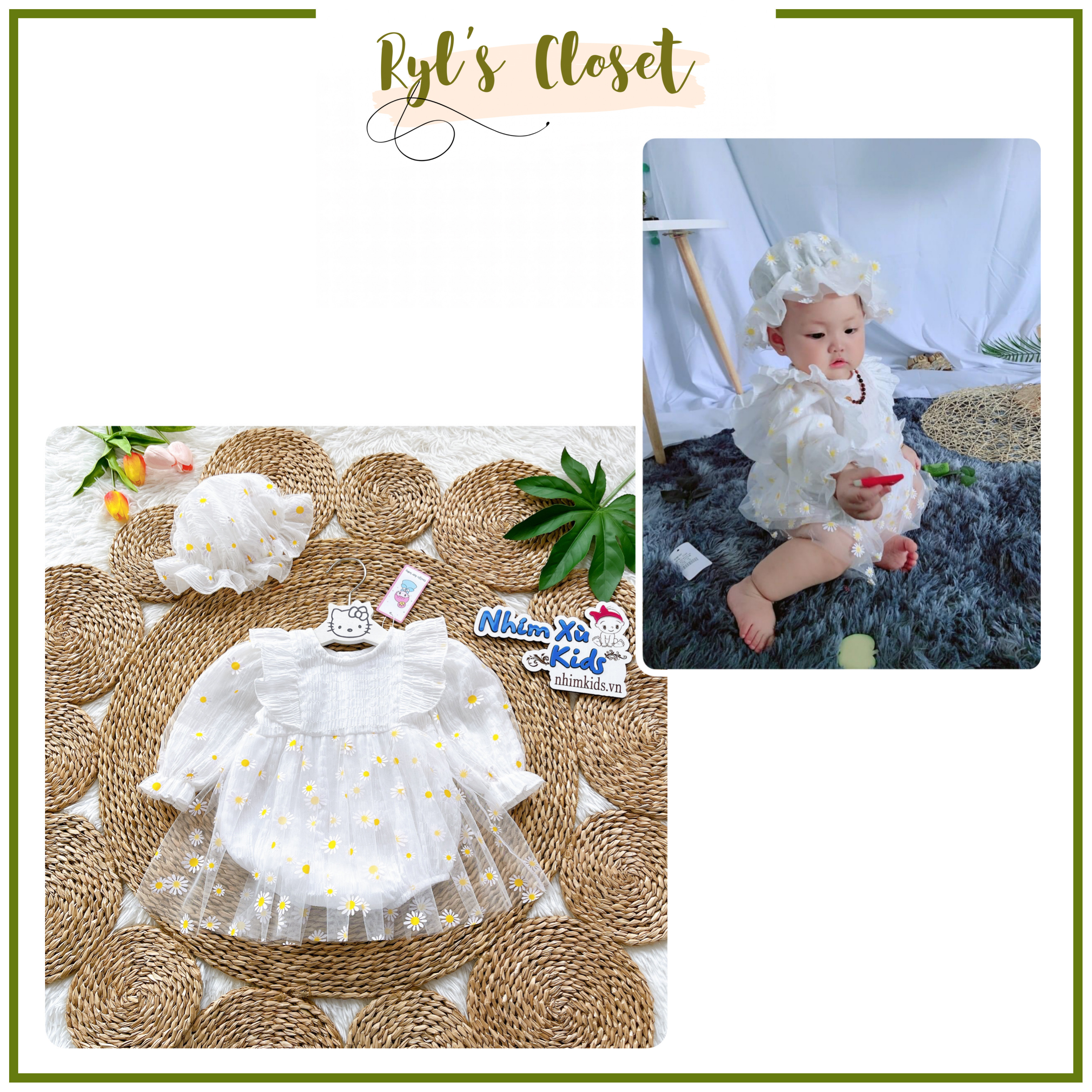 Body Váy Trắng Hoa Cúc Bé Gái 3 Đến 12kg, Áo Liền Quần Bé Gái Chất Đũi Xốp Mềm Mát Tặng Kèm Nón