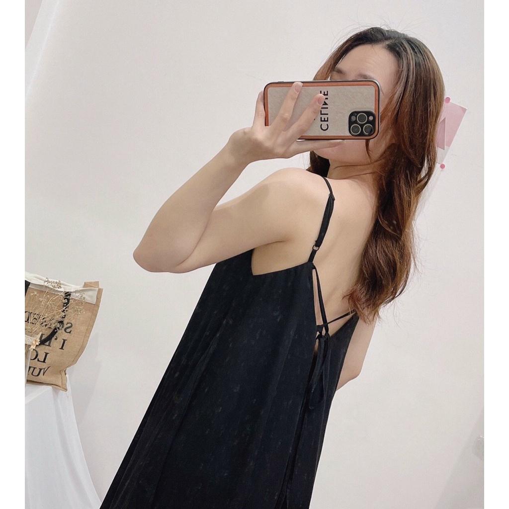 Đầm 2 dây dáng suông, Đầm đen hở lưng đi biển Cao Cấp cột nơ sau vải cotton mát mẻ, quyến rũ MiNhi