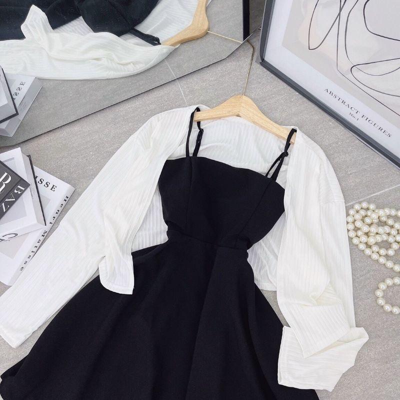 Sét Váy 2 Dây + Cardigan Thun Tăm Ulzzang Hàn Quốc, Sét Đầm Nữ Cực Xinh Mặc 2 Kiểu