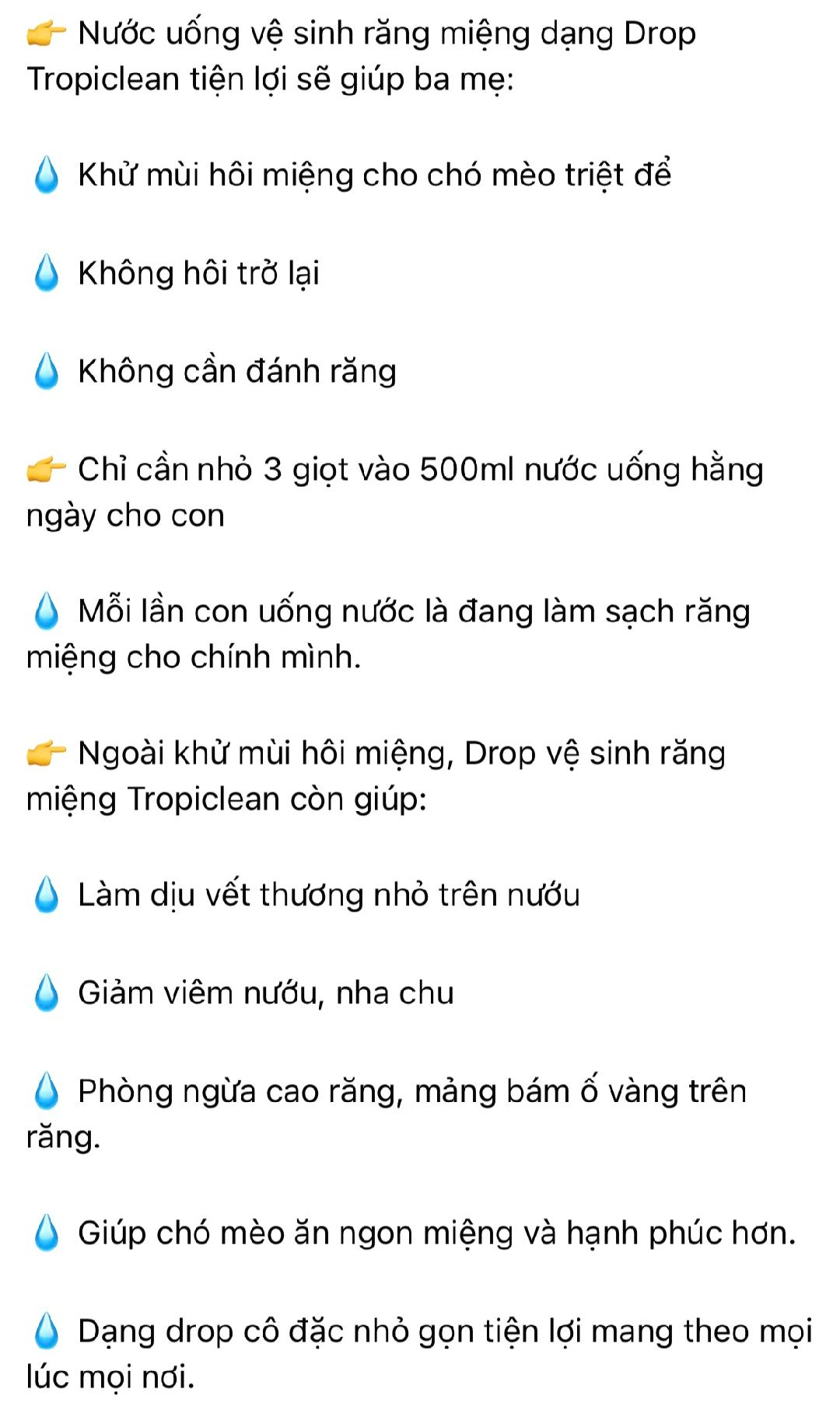 NƯỚC VỆ SINH RĂNG MIỆNG CHÓ DẠNG ĐẬM ĐẶC, GIẢM MÙI HÔI (TROPICLEAN, MỸ)