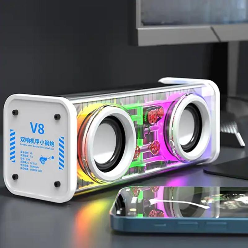 2023 Mới V8 Loa cơ hai sừng trong suốt Loa siêu trầm di động ngoài trời Bass Loa BT 5.0 không dây có đèn LED RGB Màu sắc: Trắng