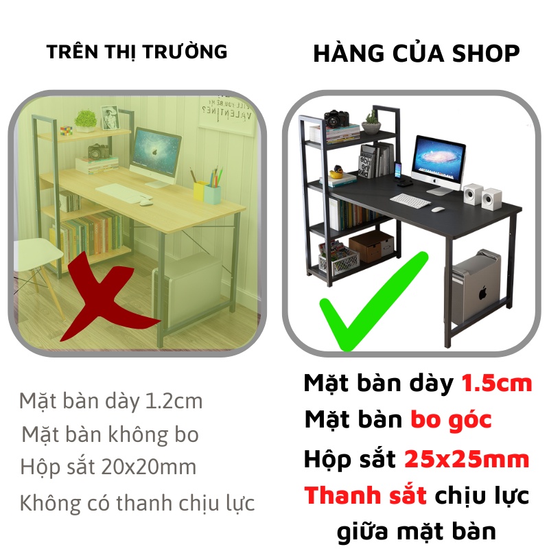 Bàn học tập làm việc liền kệ sách kích thước lớn 1m&amp;1m2 ,Bàn máy tính chân sắt sơn tĩnh điện 2,5x2,5cm mặt gỗ MDF công nghiệp