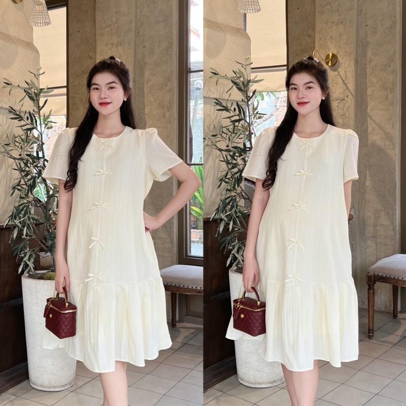 Đầm Bầu Đuôi Cá Xếp Ly Đính Nơ Ngọc Vải Xốp Hàn Xinh Xắn, Trẻ Trung - Xanh Biển