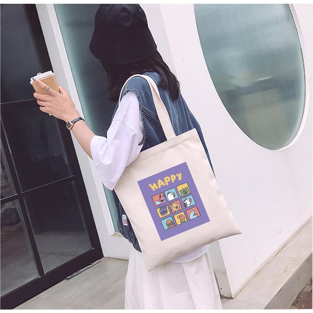 Túi Tote vải mộc GINKO Kiểu Basic có dây kéo khóa miệng túi đựng vừa laptop 14 inch và nhiều đồ dùng khác In Hình Cartoon M86
