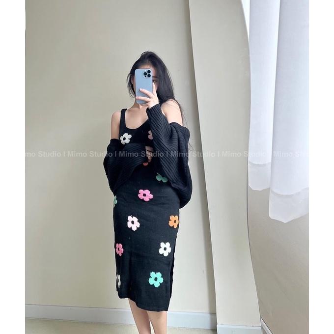 ĐẦM LEN ĐEN XẺ ĐÙI THÊU HOA- 2087