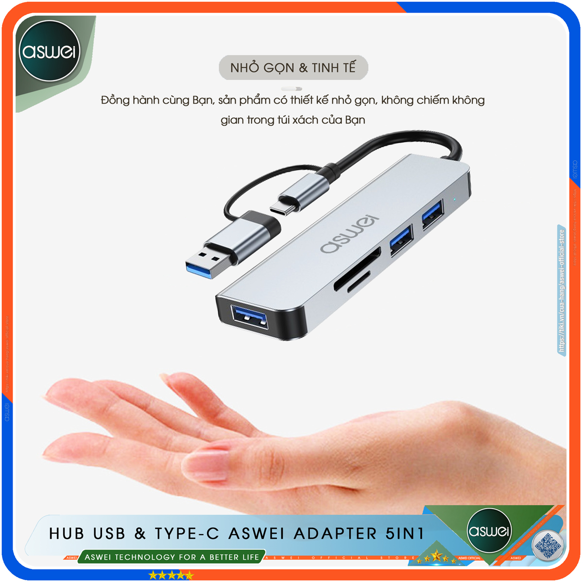 Hub USB 3.0 ASWEI 5 in 1 - Bộ Chia USB Tốc Độ Cao 5 Trong 1 To USB 3.0, Đầu Đọc Thẻ SD TF - Hub Chuyển Đổi USB Type-C Dành Cho Macbook, Laptop, PC, Máy Tính Bảng, Điện Thoại - Hàng Chính Hãng