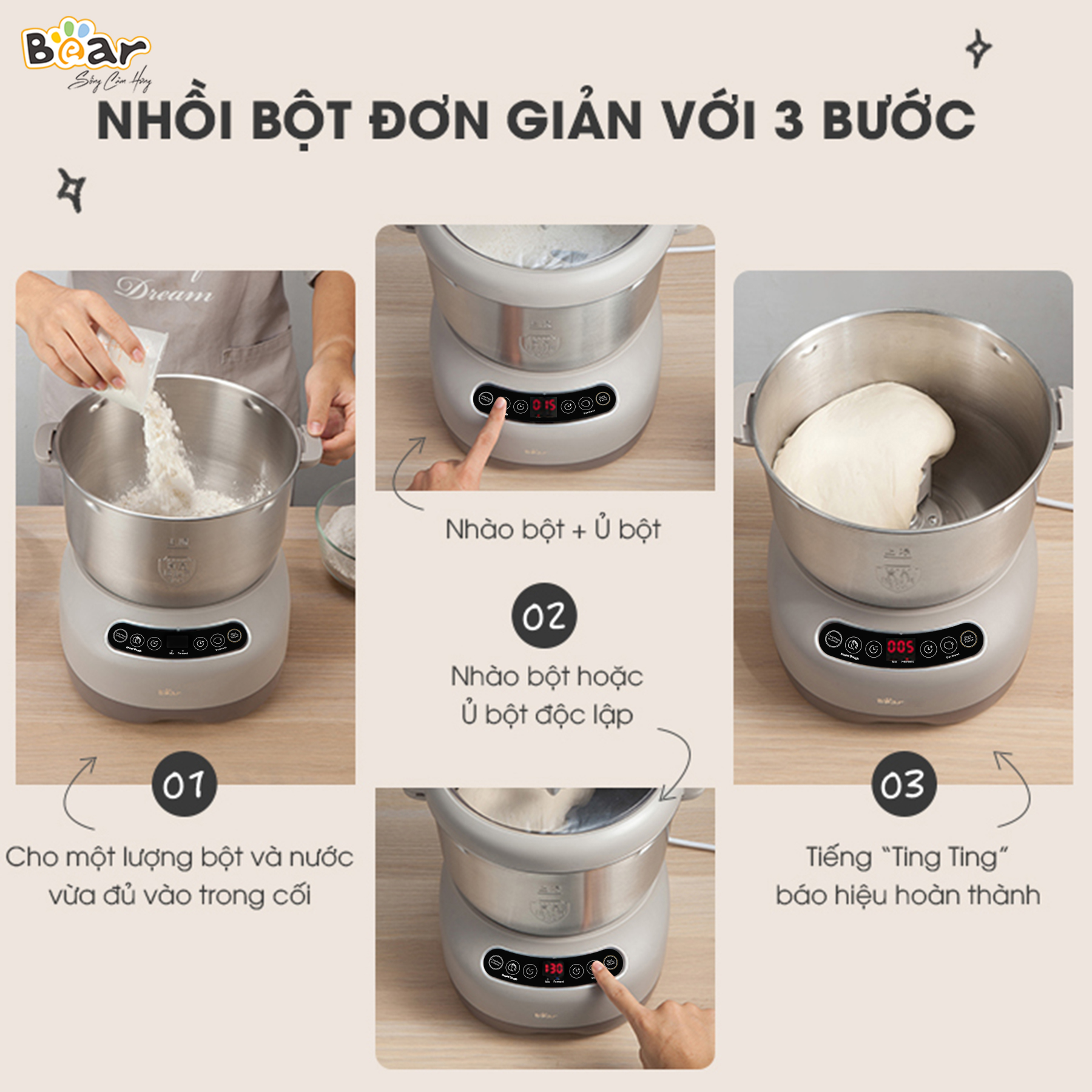 Máy Nhào Bột Bear 7L Đa Năng Ủ Bột, Trộn Bột, Nhồi Bột Nhanh Công Suất Lớn Bảo Hành Chính Hãng 18 Tháng - DM-B70V1 - Hàng Chính Hãng