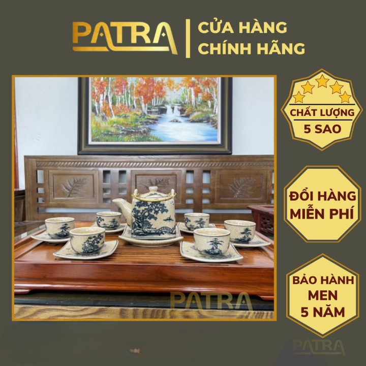 Bộ ấm chén uống trà cao cấp , bộ ấm trà Bát Tràng men rạn 005