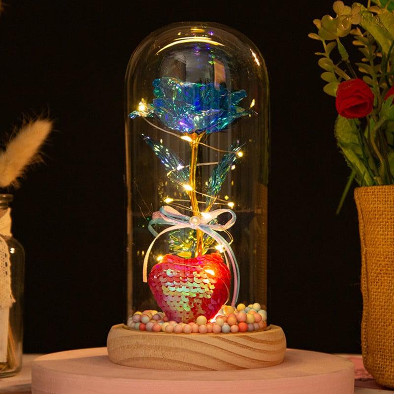 Hoa Hồng Trái Tim đa sắc lồng thủy tinh đèn led đế gỗ (tặng pin) - quà tặng sinh nhật bạn gái lãng mạn - lễ tình nhân - tặng phụ nữ