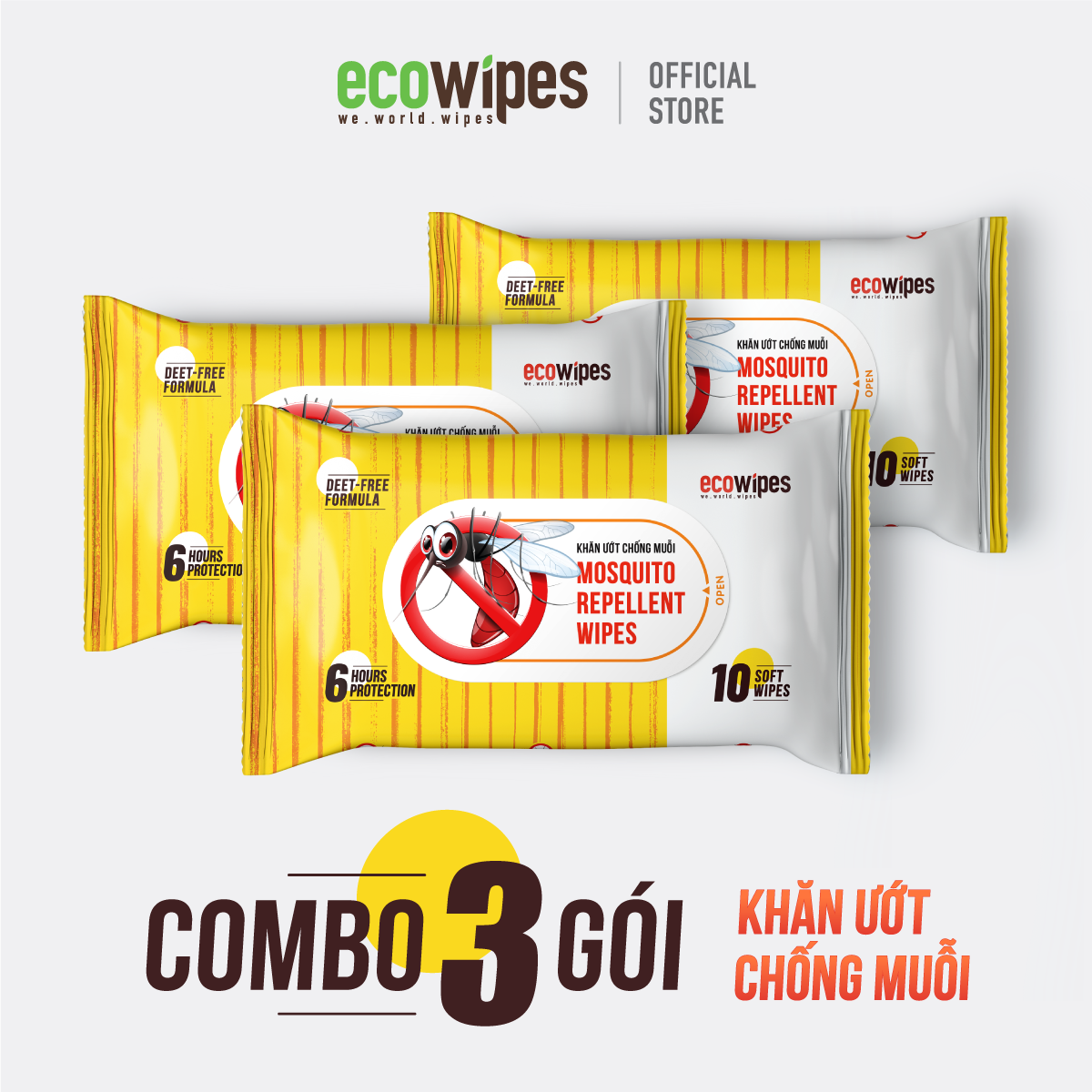 Combo 3 Khăn ướt đuổi muỗi EcoWipes gói 10 tờ 15x20 an toàn cho bé từ 6 tháng tuổi bảo vệ lên đến 8 giờ