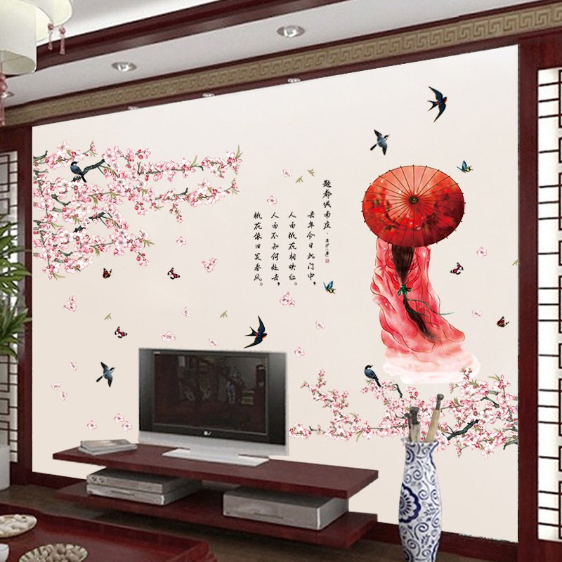 Decal dán tường hoa đào cô gái cổ trang