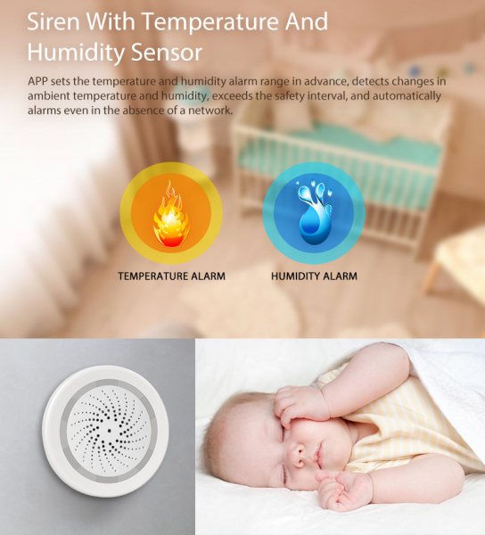 Chuông báo động kiêm cảm biến nhiệt độ, độ ẩm Wifi/ Zigbee Tuya 3 in 1