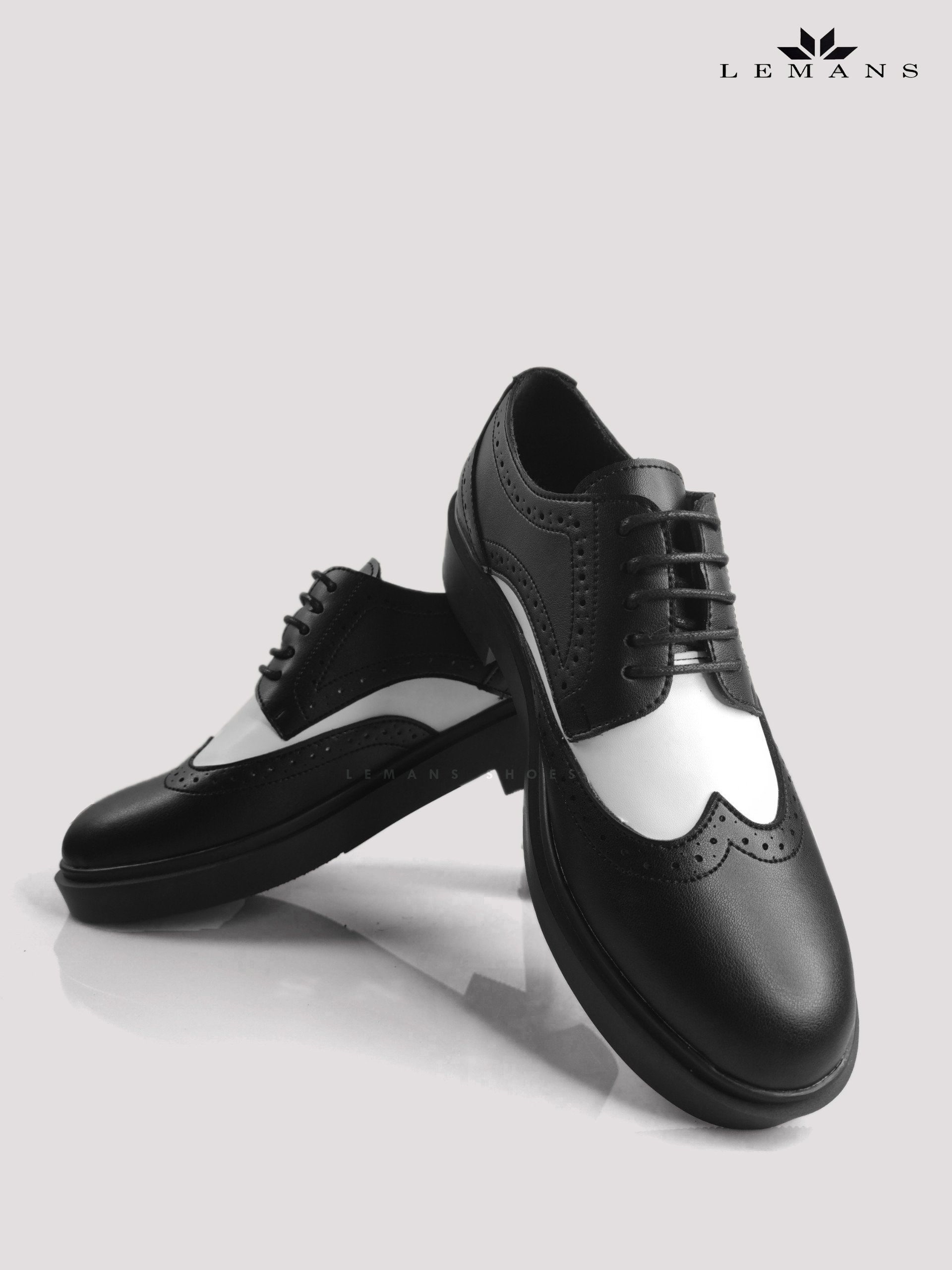 Giày da bò Derby Wingtip LEMANS Black White, đế tăng cao lemans 4cm Bảo Hành 24 Tháng, thiết kế độc quyền